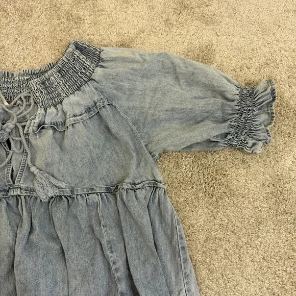 Free People One and Only Light Wash Denim Smocked Boho Midi Dress Large Cotton - Picture 3 of 10